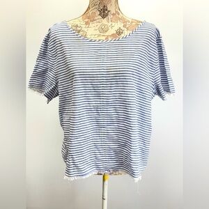 SUSINA Blue and White stripe boxy short sleeve top with raw hem size L